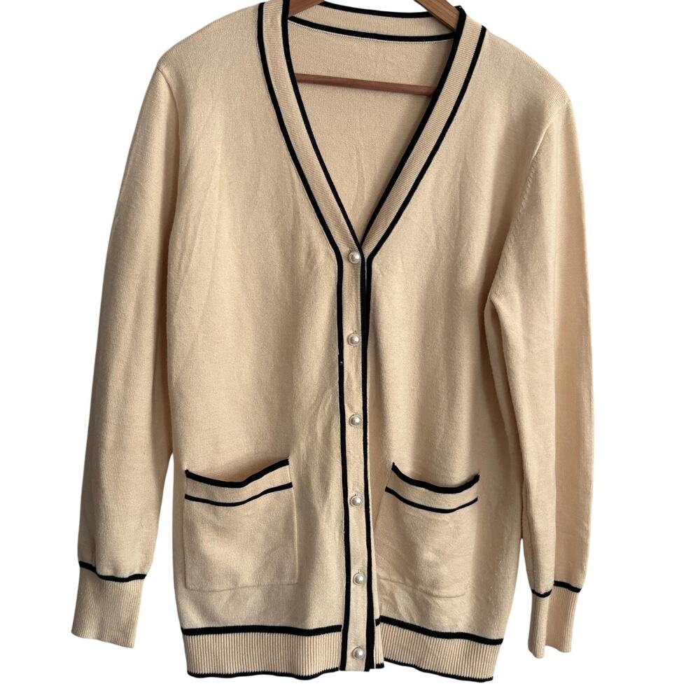 Tipped Preppy Cardigan Womens M White V-Neck Pearl Buttons Pockets Prep Y2K